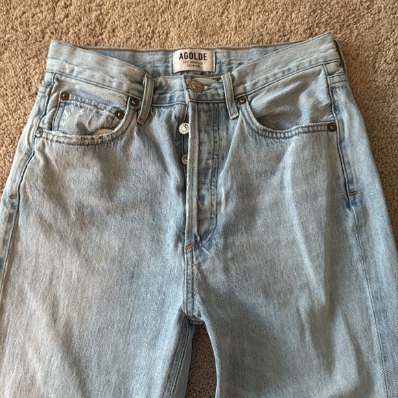 Agolde- Light Wash Denim Riley Highwaisted Distressed Straight Leg Cropped Jeans - Picture 7 of 7